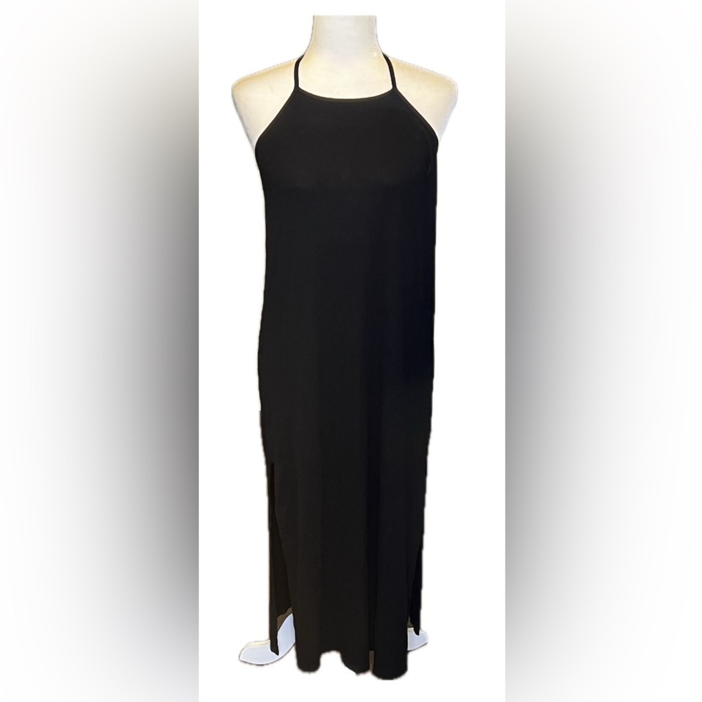 Molly Green Black Halter Strappy Midi Tank Dress with Side Slits Ribbed Medium - Picture 2 of 9